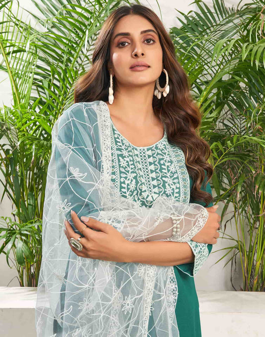 Cotton Blend Embroidered Straight Kurta with Pant & Dupatta