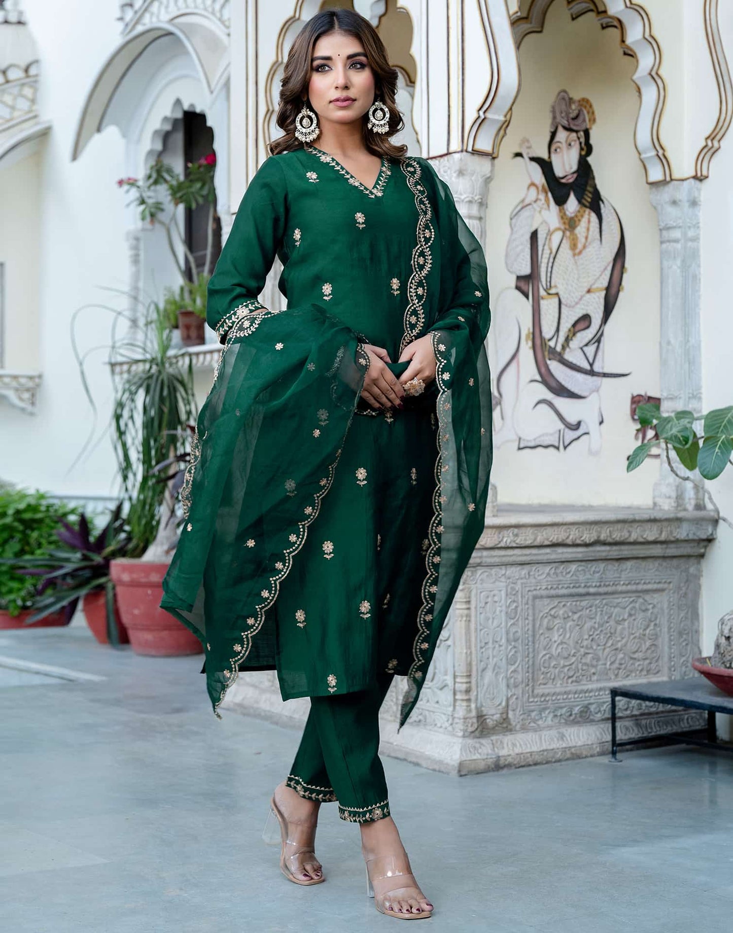Silk Blend Embroidered Straight Kurta with Pant & Dupatta