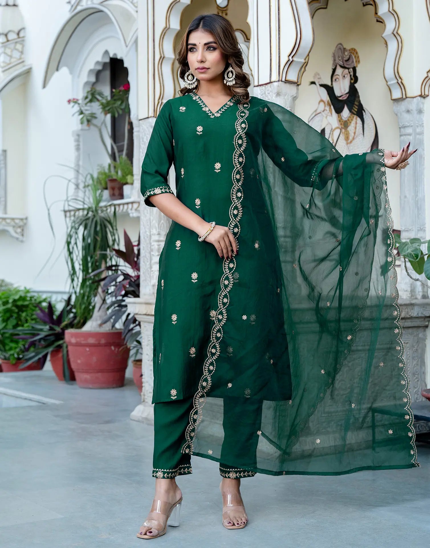 Silk Blend Embroidered Straight 3 Piece Kurta Set