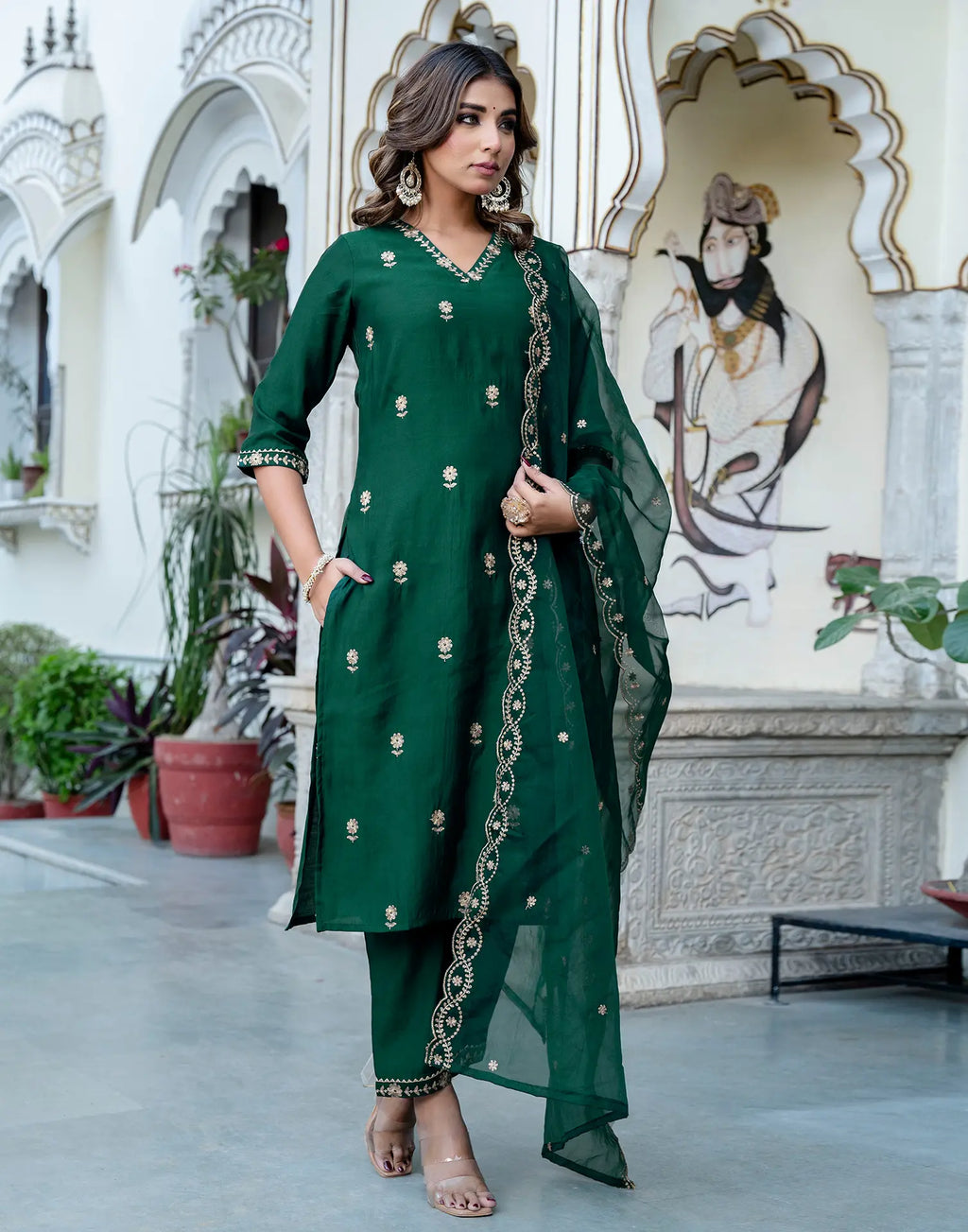 Silk Blend Embroidered Straight 3 Piece Kurta Set