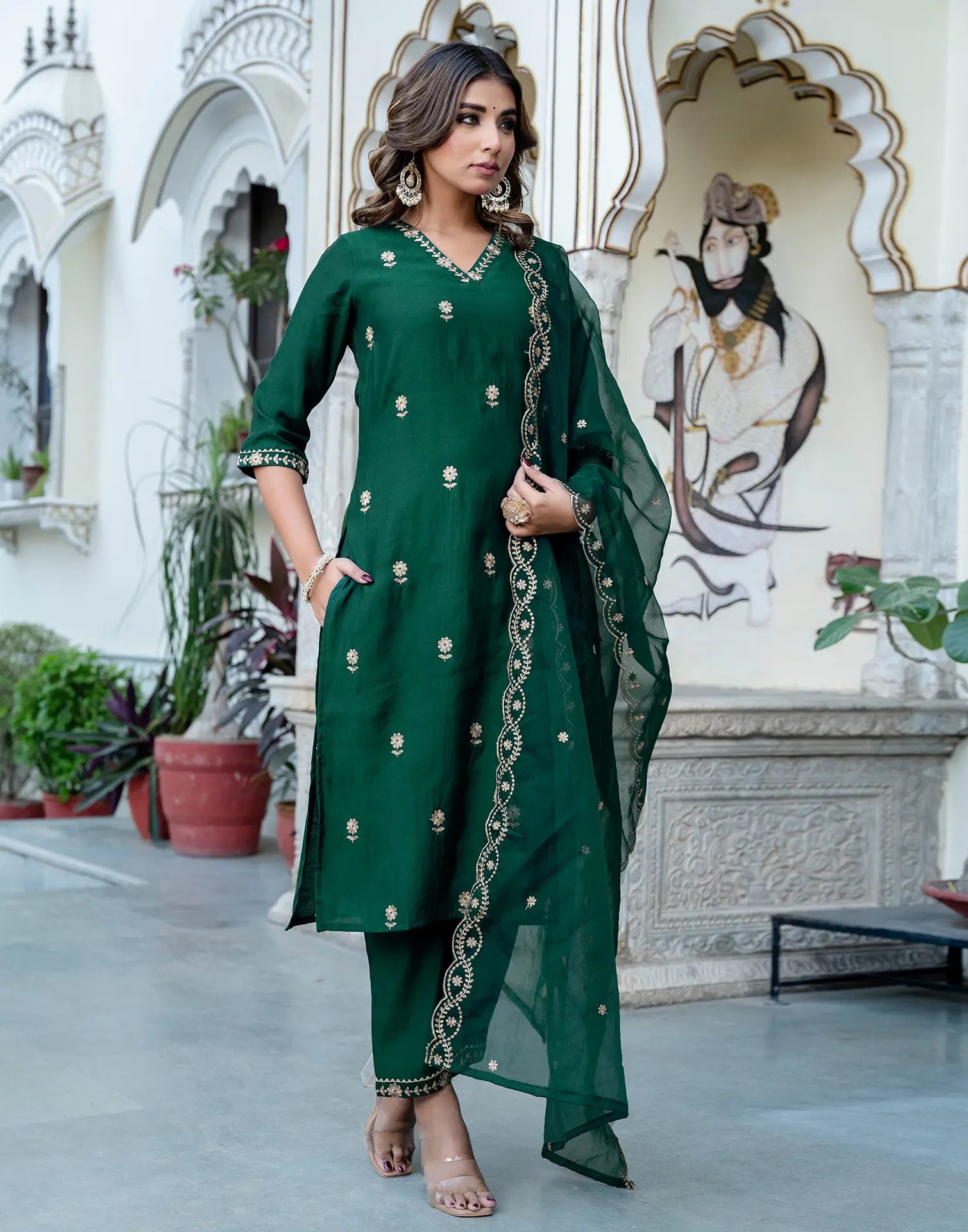 Silk Blend Embroidered Straight 3 Piece Kurta Set