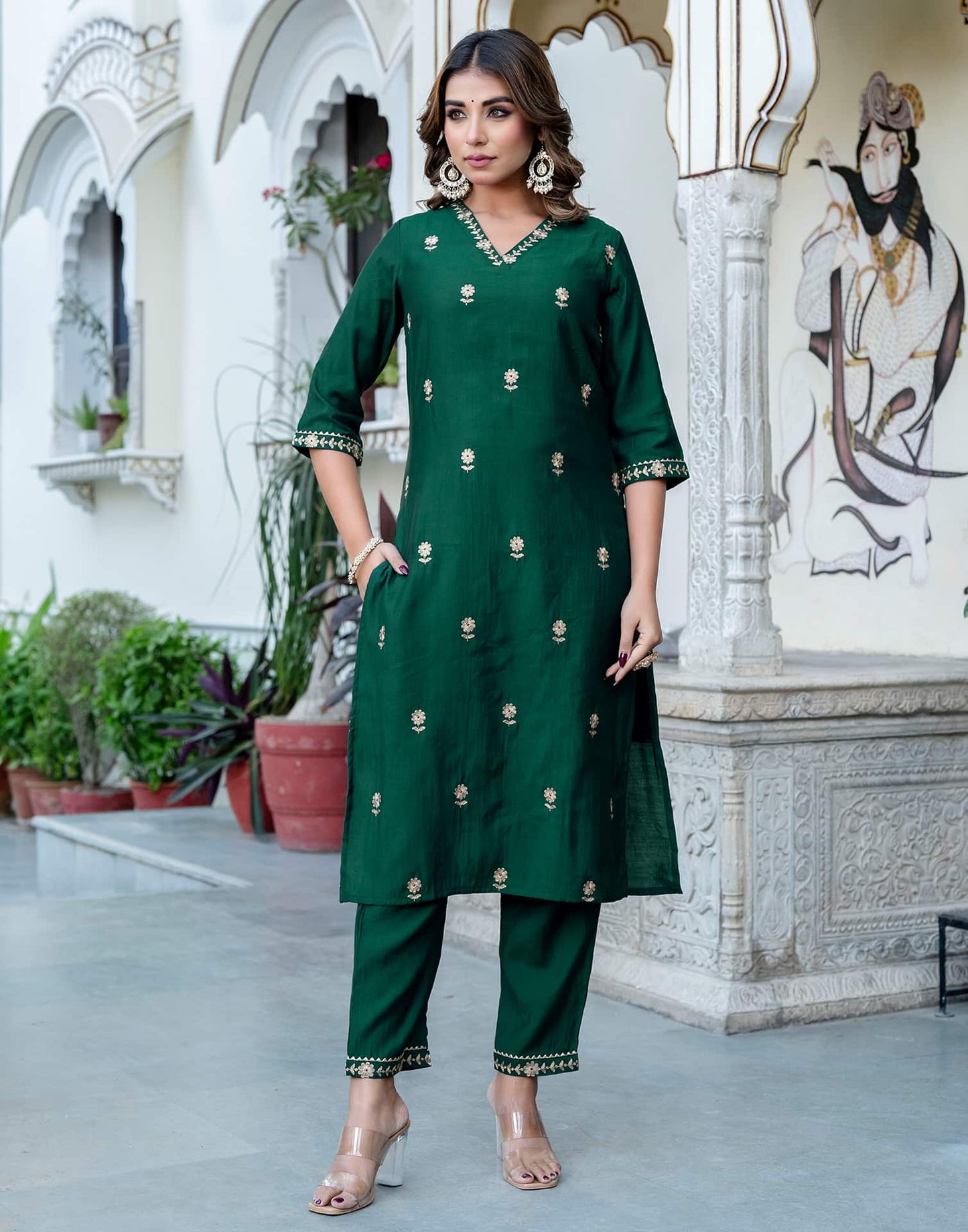 Silk Blend Embroidered Straight Kurta with Pant & Dupatta