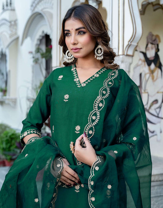 Silk Blend Embroidered Straight Kurta with Pant & Dupatta