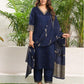 Royal Blue Silk Plain V Neck 3/4 Sleeve Straight Kurta Set With Pant & Dupatta