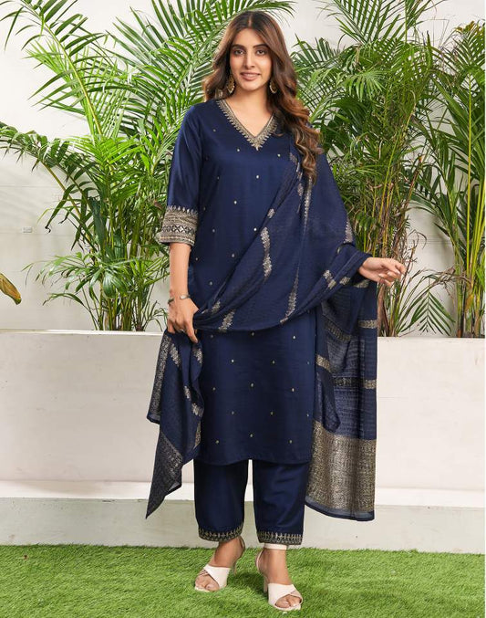 Royal Blue Silk Plain V Neck 3/4 Sleeve Straight Kurta Set With Pant & Dupatta