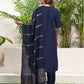 Royal Blue Silk Plain V Neck 3/4 Sleeve Straight Kurta Set With Pant & Dupatta