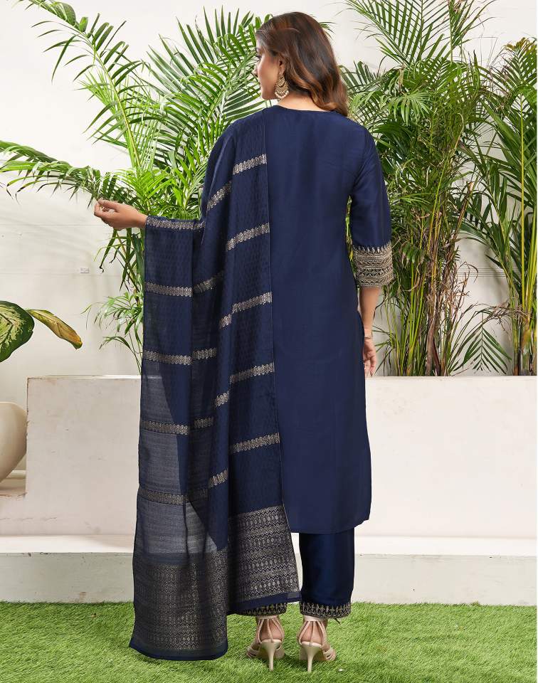 Royal Blue Silk Plain V Neck 3/4 Sleeve Straight Kurta Set With Pant & Dupatta