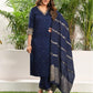 Royal Blue Silk Plain V Neck 3/4 Sleeve Straight Kurta Set With Pant & Dupatta