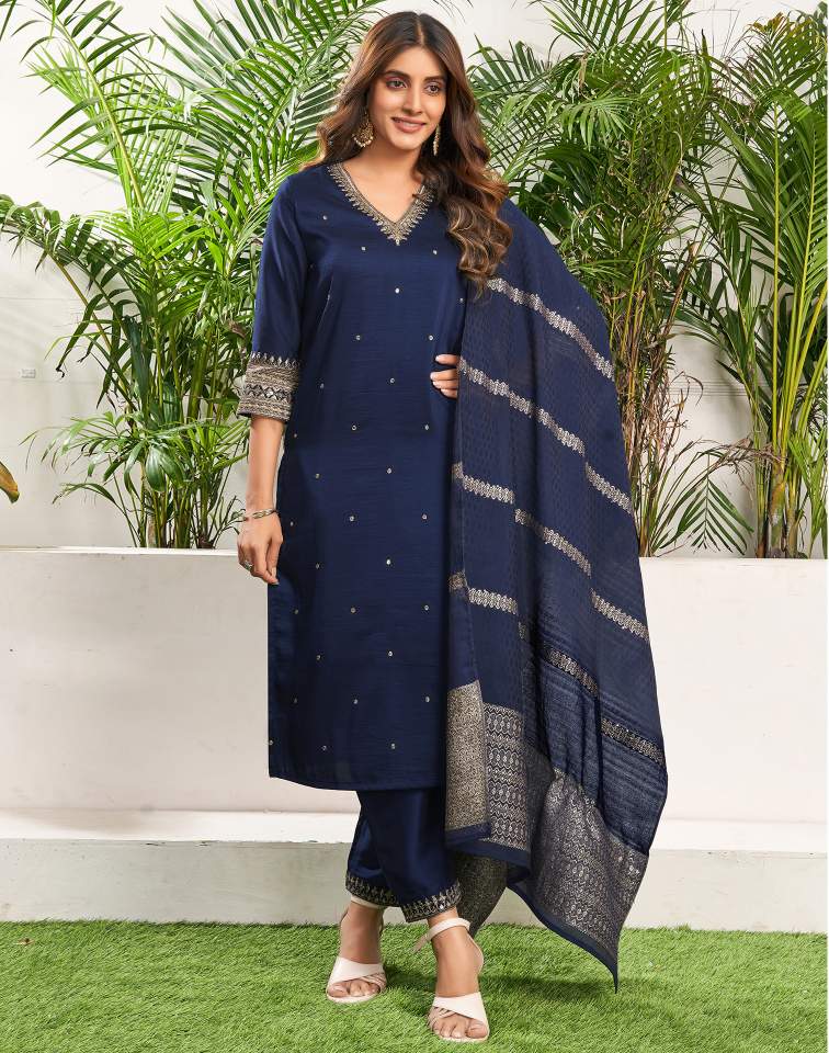 Royal Blue Silk Plain V Neck 3/4 Sleeve Straight Kurta Set With Pant & Dupatta