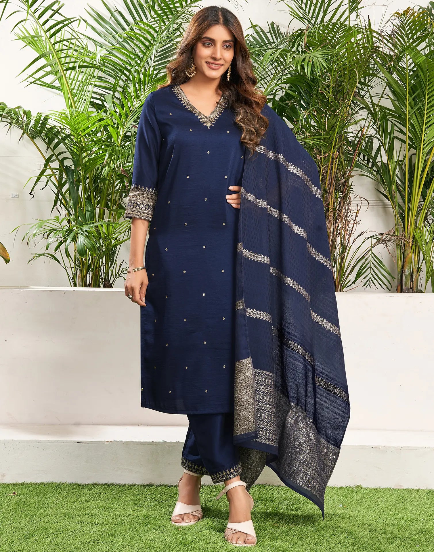 Poly Chinnon Embroidered Straight 3 Piece Kurta Set