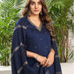Royal Blue Silk Plain V Neck 3/4 Sleeve Straight Kurta Set With Pant & Dupatta