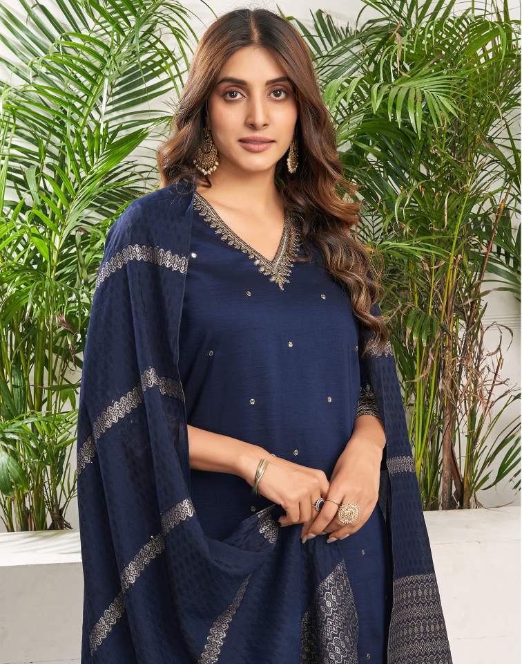 Royal Blue Silk Plain V Neck 3/4 Sleeve Straight Kurta Set With Pant & Dupatta