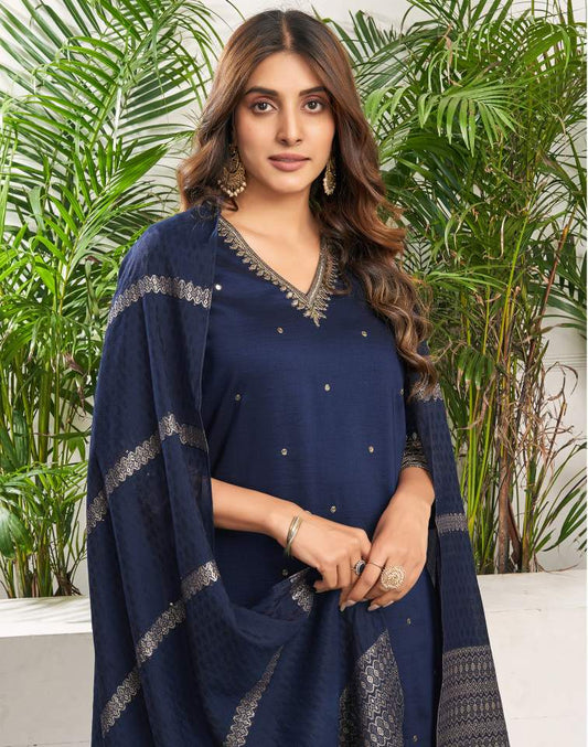 Royal Blue Silk Plain V Neck 3/4 Sleeve Straight Kurta Set With Pant & Dupatta