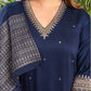 Royal Blue Silk Plain V Neck 3/4 Sleeve Straight Kurta Set With Pant & Dupatta
