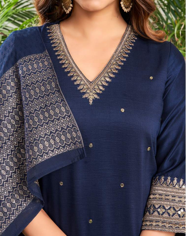 Royal Blue Silk Plain V Neck 3/4 Sleeve Straight Kurta Set With Pant & Dupatta