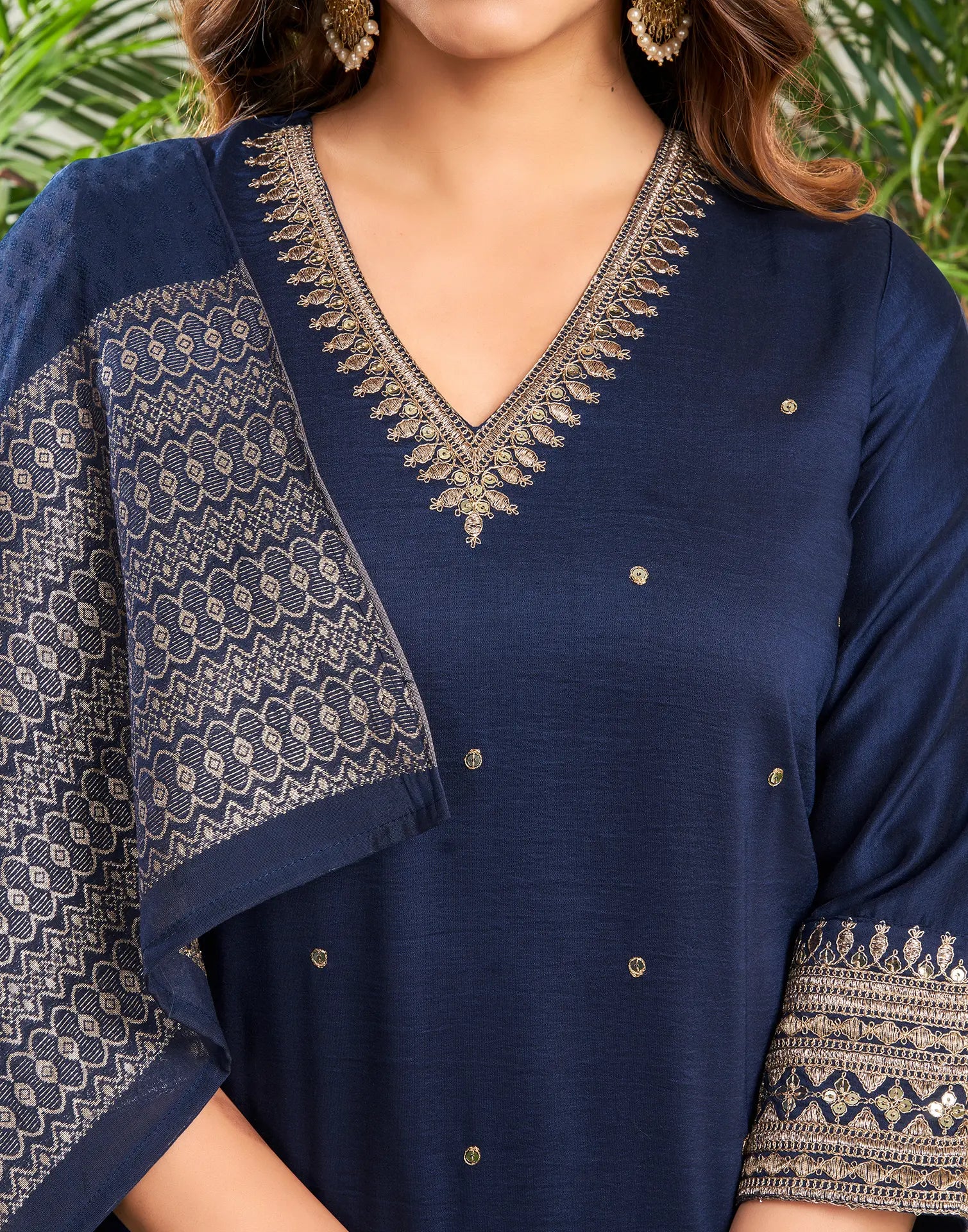 Poly Chinnon Embroidered Straight 3 Piece Kurta Set