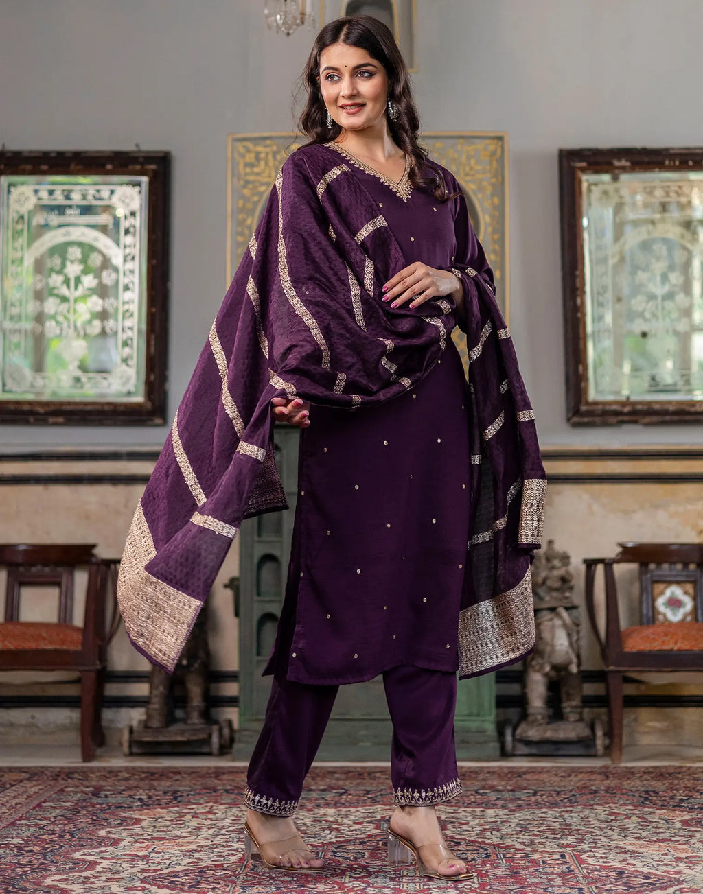Poly Chinnon Embroidered Straight 3 Piece Kurta Set