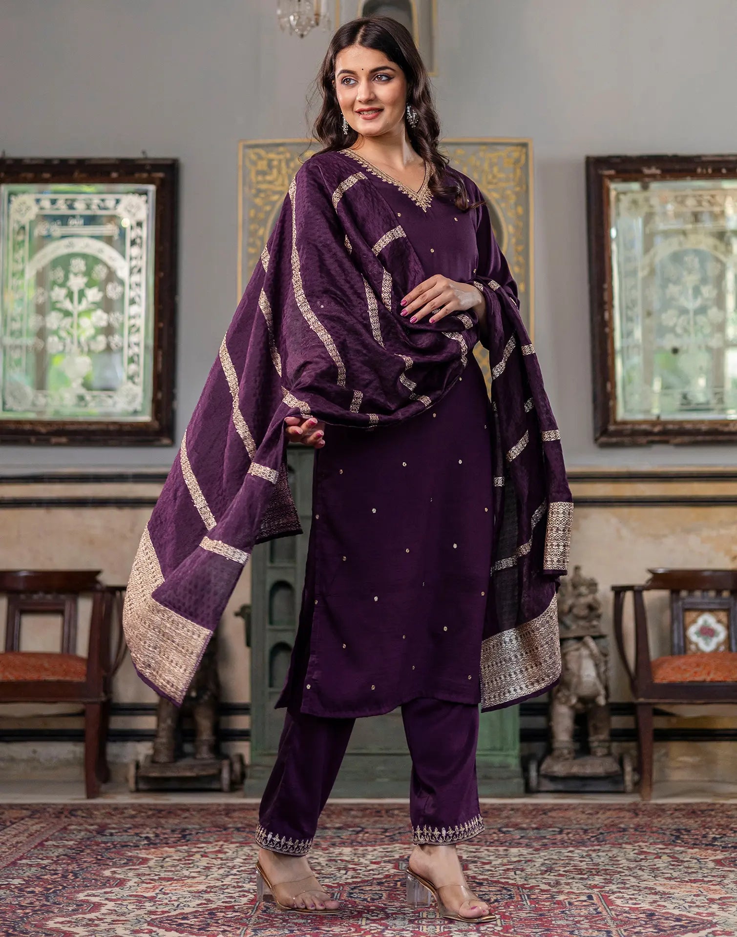Poly Chinnon Embroidered Straight 3 Piece Kurta Set