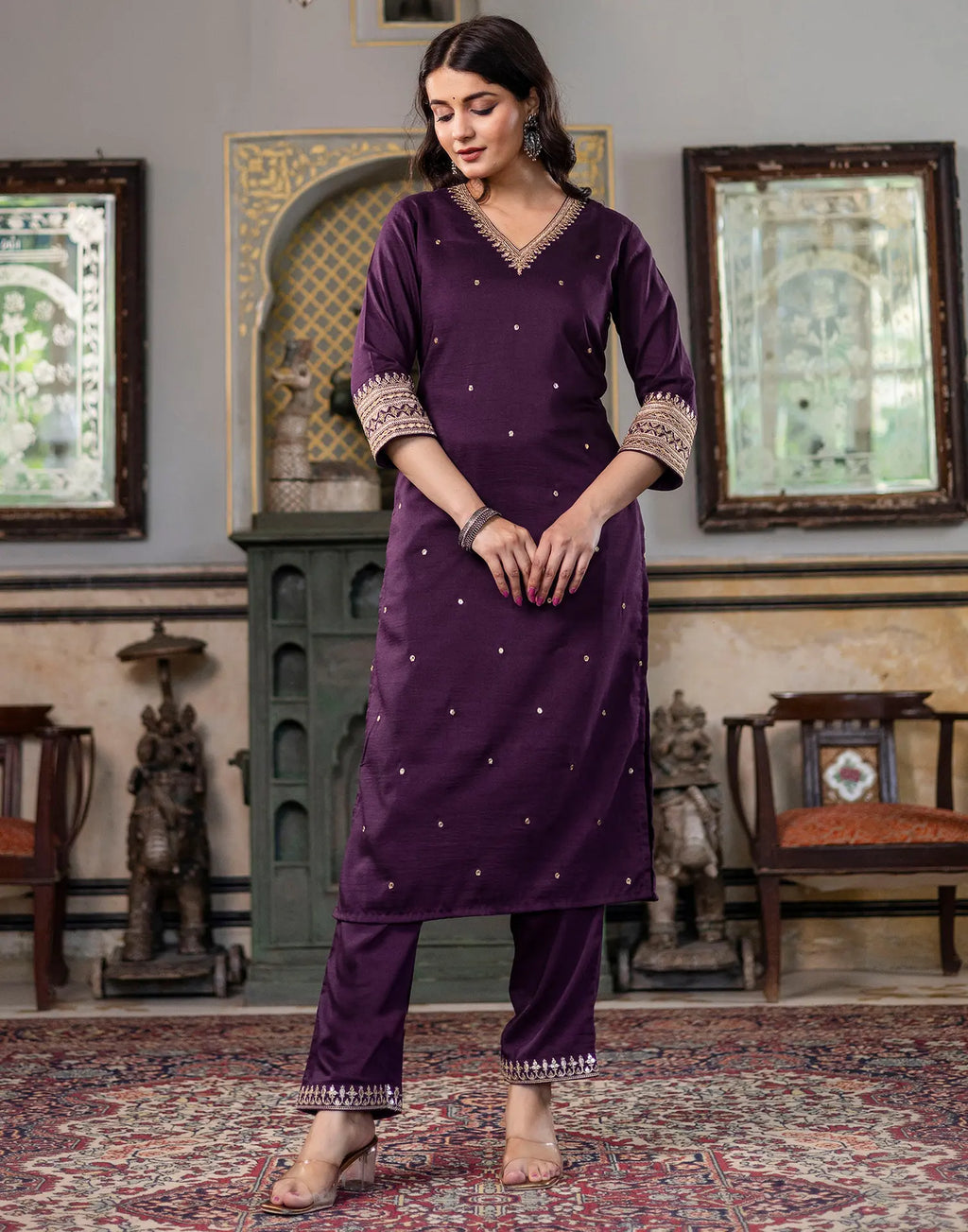 Poly Chinnon Embroidered Straight 3 Piece Kurta Set