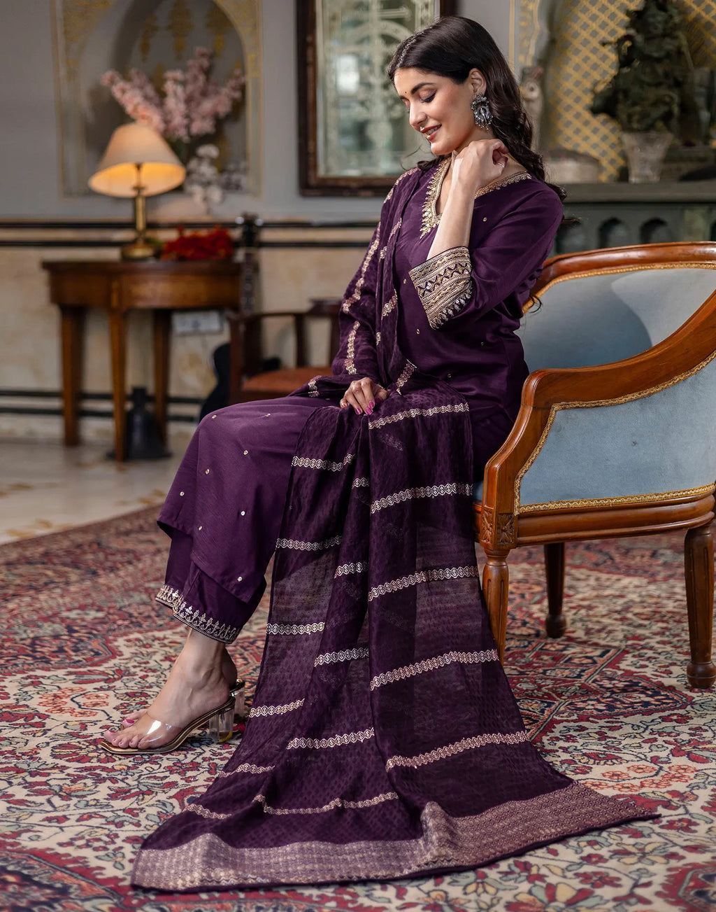 Poly Chinnon Embroidered Straight 3 Piece Kurta Set