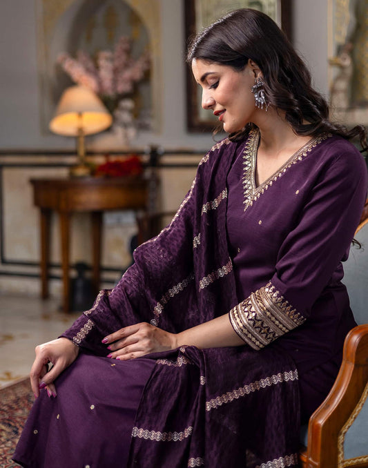 Silk Blend Sequence and Embroidery Work Straight Kurta with Pant & Dupatta