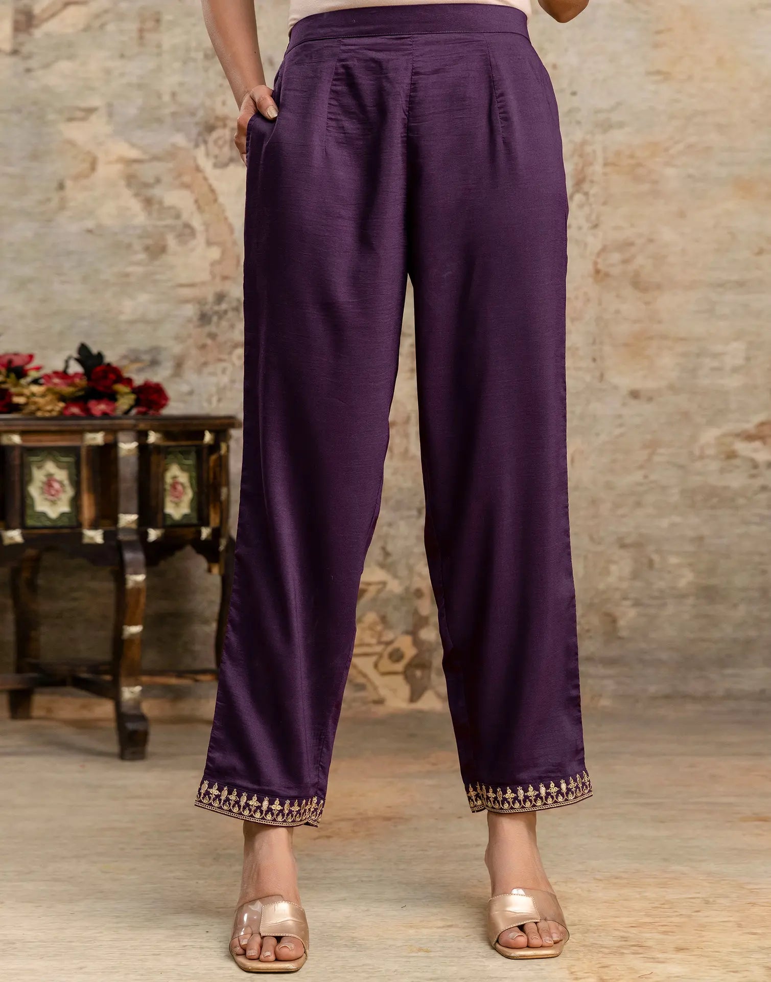 Poly Chinnon Embroidered Straight 3 Piece Kurta Set