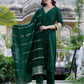 Dark Green Silk Sequence V Neck 3/4 Sleeve Straight Kurta Set With Pant & Dupatta