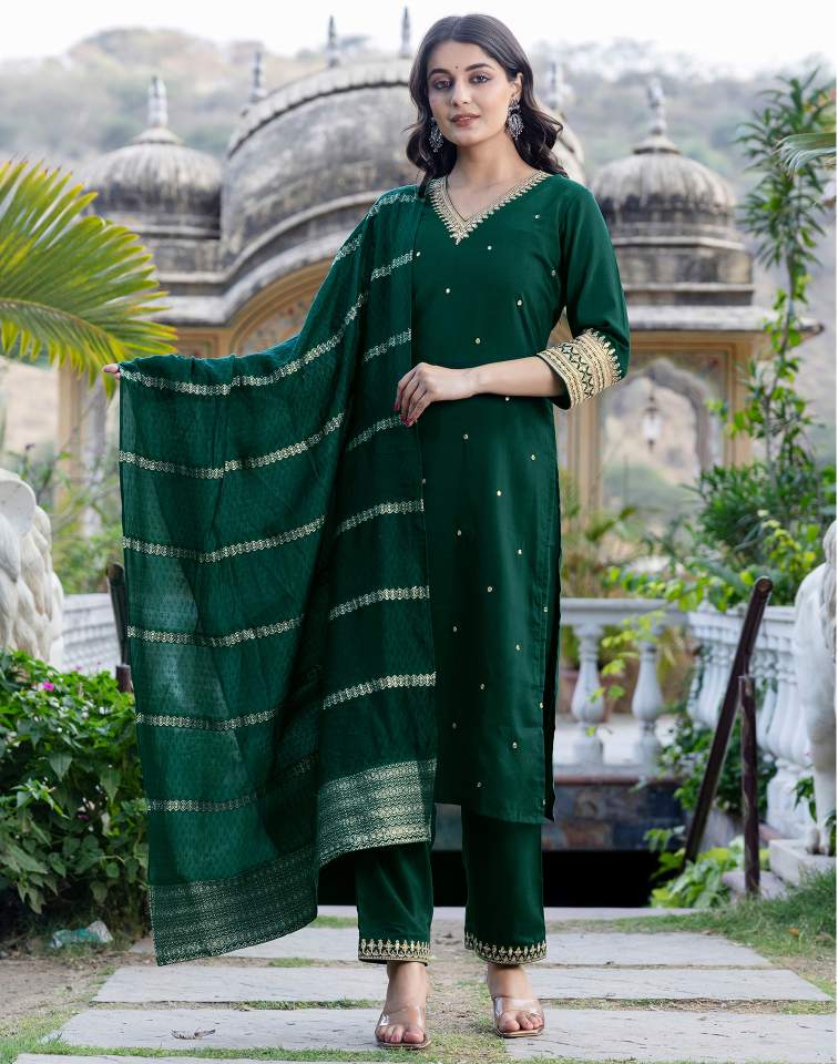 Dark Green Silk Sequence V Neck 3/4 Sleeve Straight Kurta Set With Pant & Dupatta