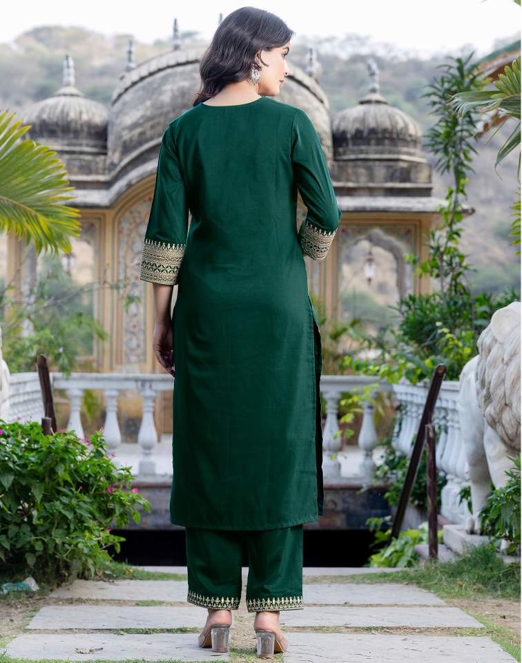 Dark Green Silk Sequence V Neck 3/4 Sleeve Straight Kurta Set With Pant & Dupatta