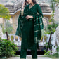 Dark Green Silk Sequence V Neck 3/4 Sleeve Straight Kurta Set With Pant & Dupatta