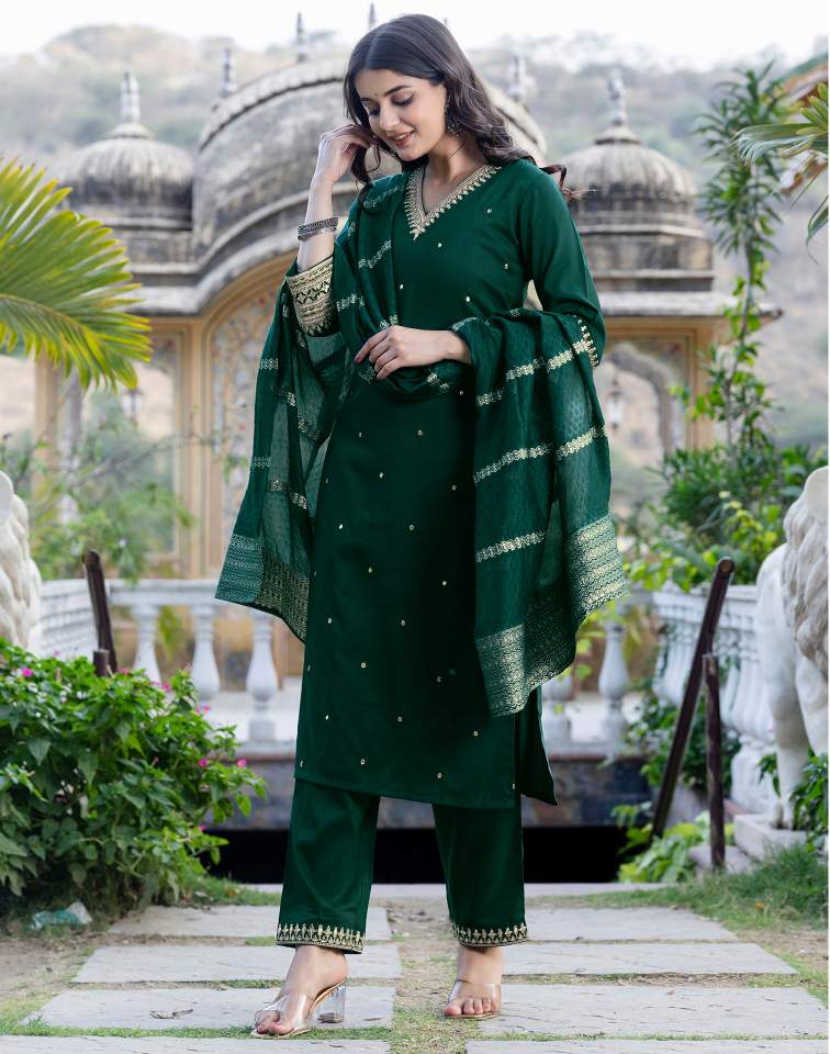 Dark Green Silk Sequence V Neck 3/4 Sleeve Straight Kurta Set With Pant & Dupatta