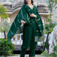 Dark Green Silk Sequence V Neck 3/4 Sleeve Straight Kurta Set With Pant & Dupatta