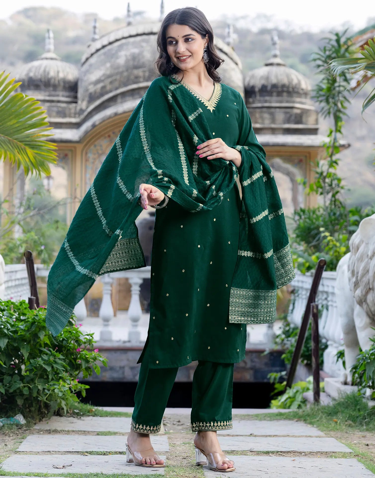 Poly Chinnon Embroidered Straight 3 Piece Kurta Set