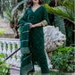 Dark Green Silk Sequence V Neck 3/4 Sleeve Straight Kurta Set With Pant & Dupatta