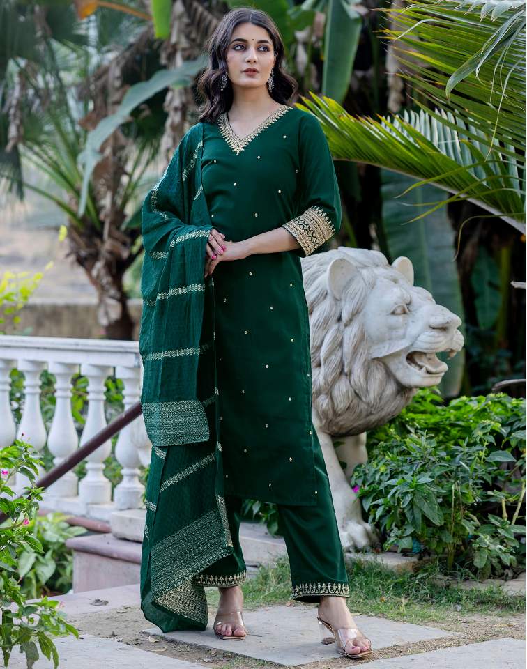 Dark Green Silk Sequence V Neck 3/4 Sleeve Straight Kurta Set With Pant & Dupatta