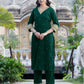 Dark Green Silk Sequence V Neck 3/4 Sleeve Straight Kurta Set With Pant & Dupatta