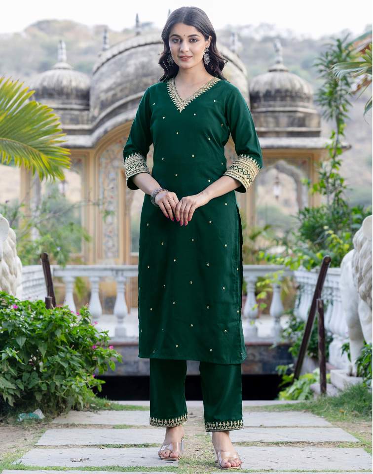 Dark Green Silk Sequence V Neck 3/4 Sleeve Straight Kurta Set With Pant & Dupatta