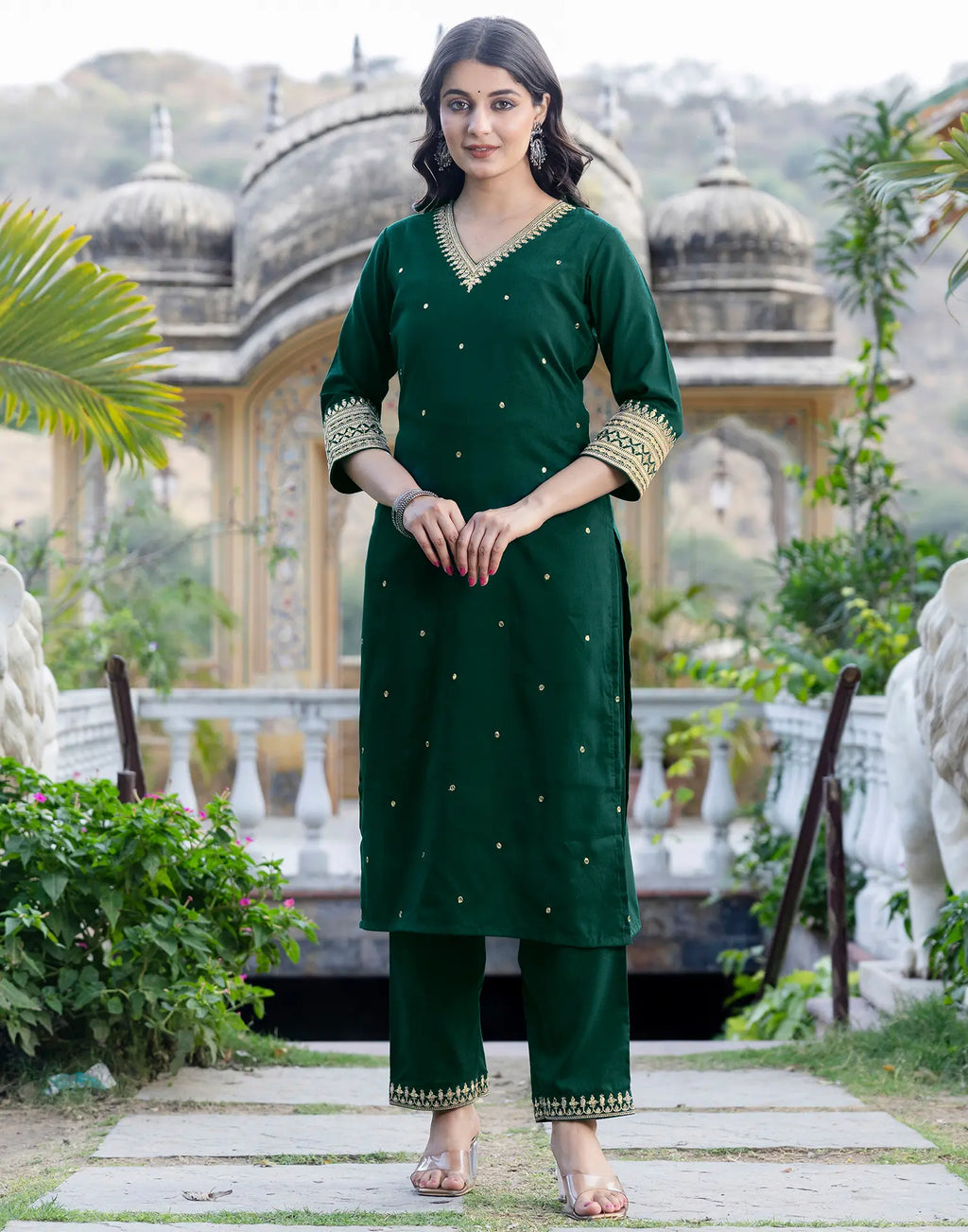 Poly Chinnon Embroidered Straight 3 Piece Kurta Set