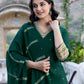 Dark Green Silk Sequence V Neck 3/4 Sleeve Straight Kurta Set With Pant & Dupatta