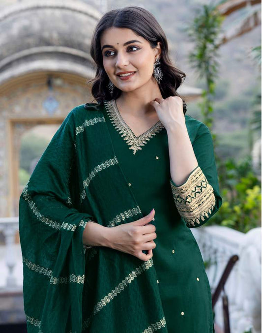 Dark Green Silk Sequence V Neck 3/4 Sleeve Straight Kurta Set With Pant & Dupatta