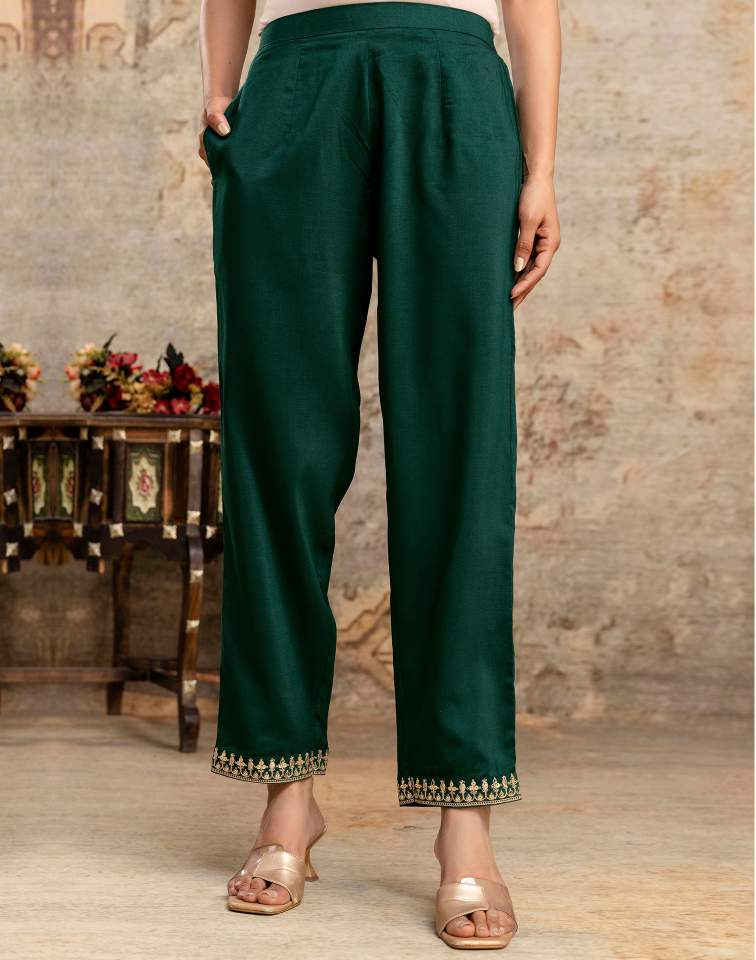 Dark Green Silk Sequence V Neck 3/4 Sleeve Straight Kurta Set With Pant & Dupatta