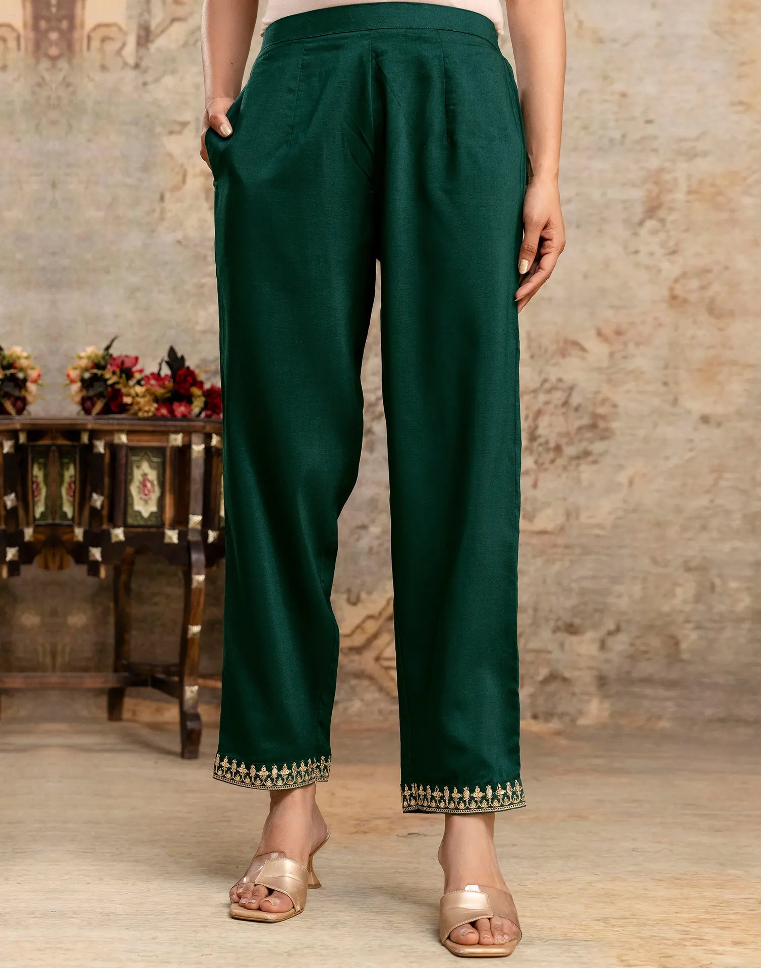 Poly Chinnon Embroidered Straight 3 Piece Kurta Set