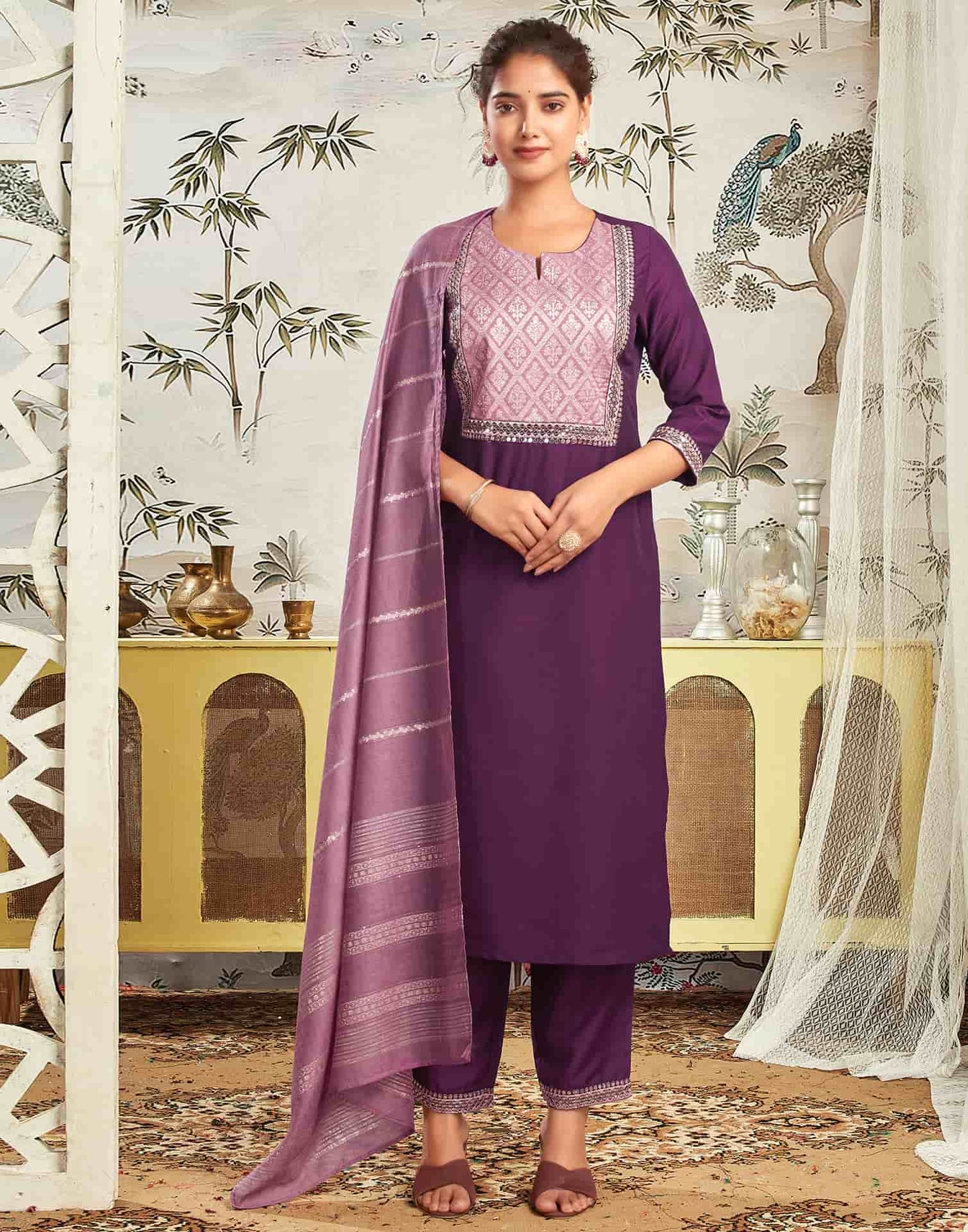 Silk Blend Embroidered Straight Kurta with Pant & Dupatta
