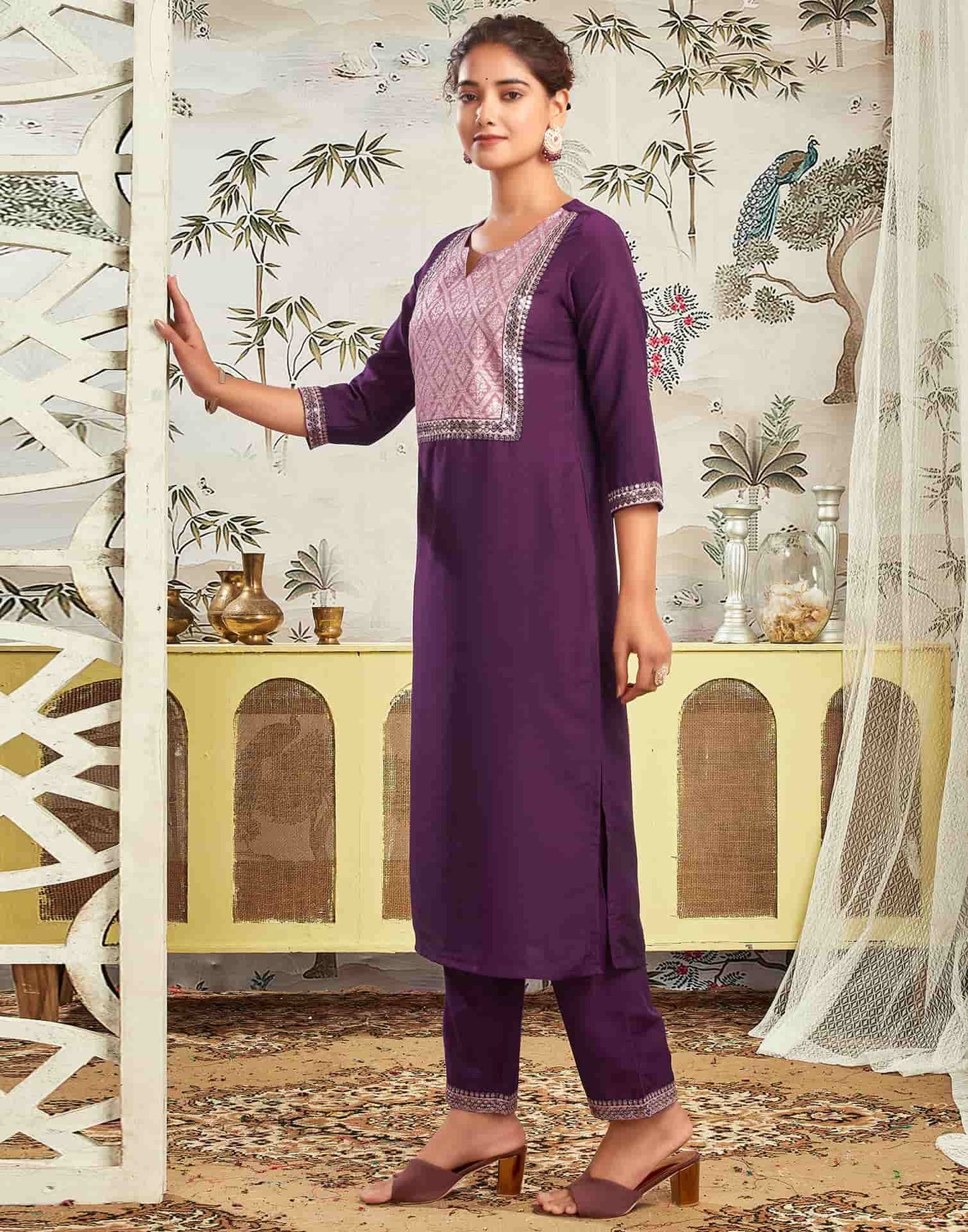 Silk Blend Embroidered Straight Kurta with Pant & Dupatta