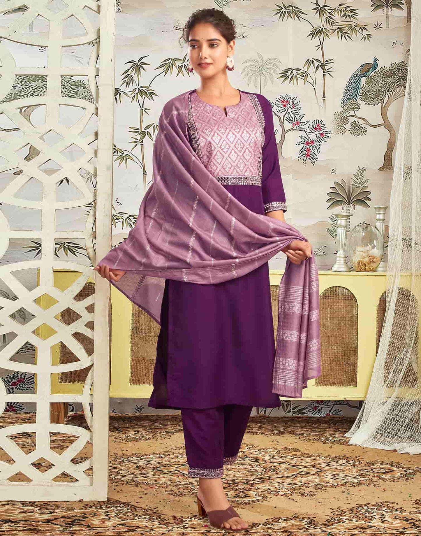 Silk Blend Embroidered Straight Kurta with Pant & Dupatta