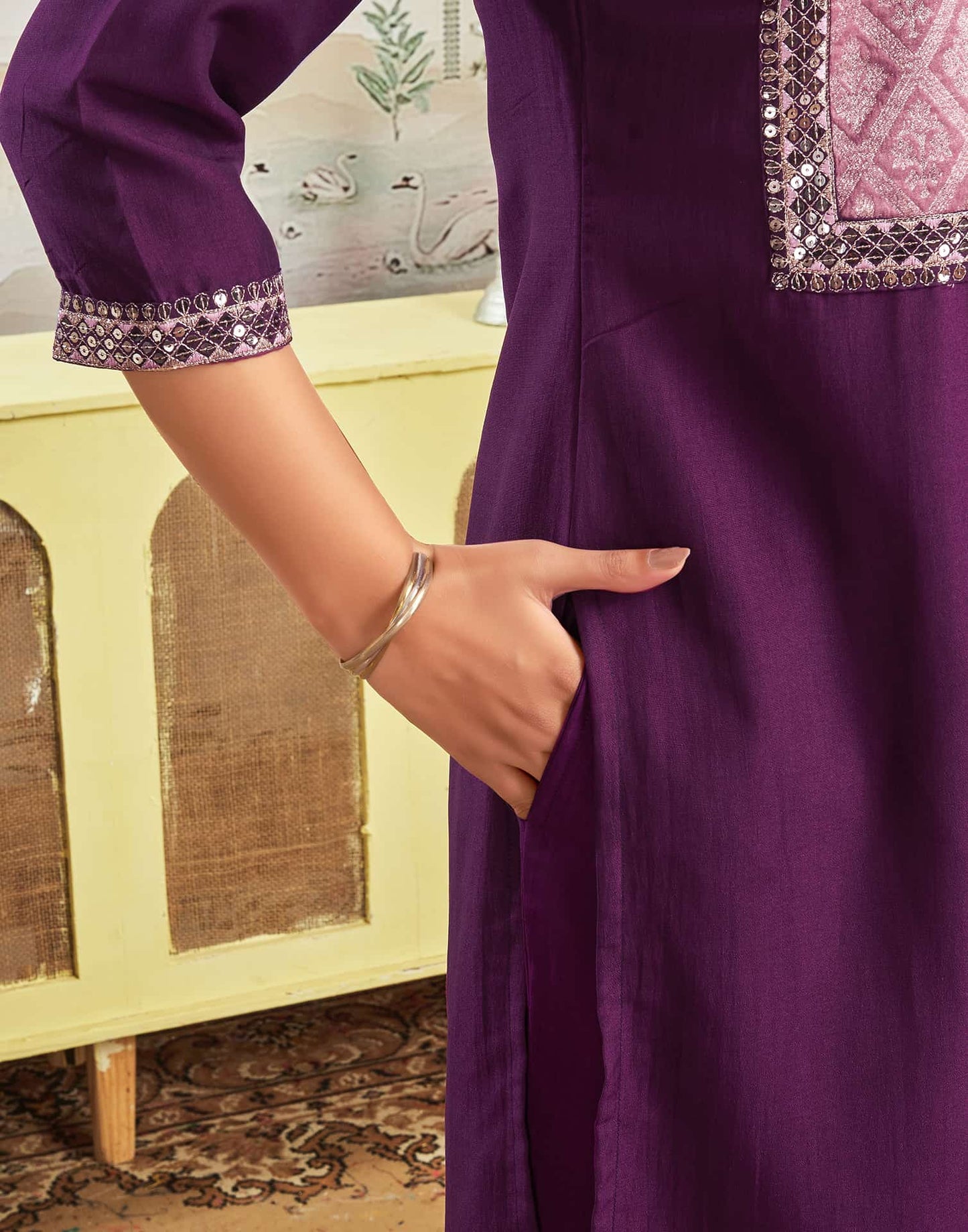 Silk Blend Embroidered Straight Kurta with Pant & Dupatta