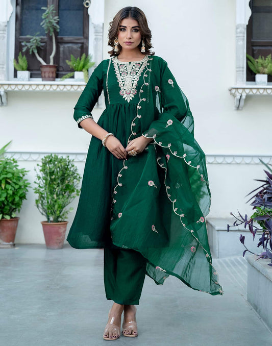 Silk Blend Embroidered Anarkali Kurta with Pant & Dupatta