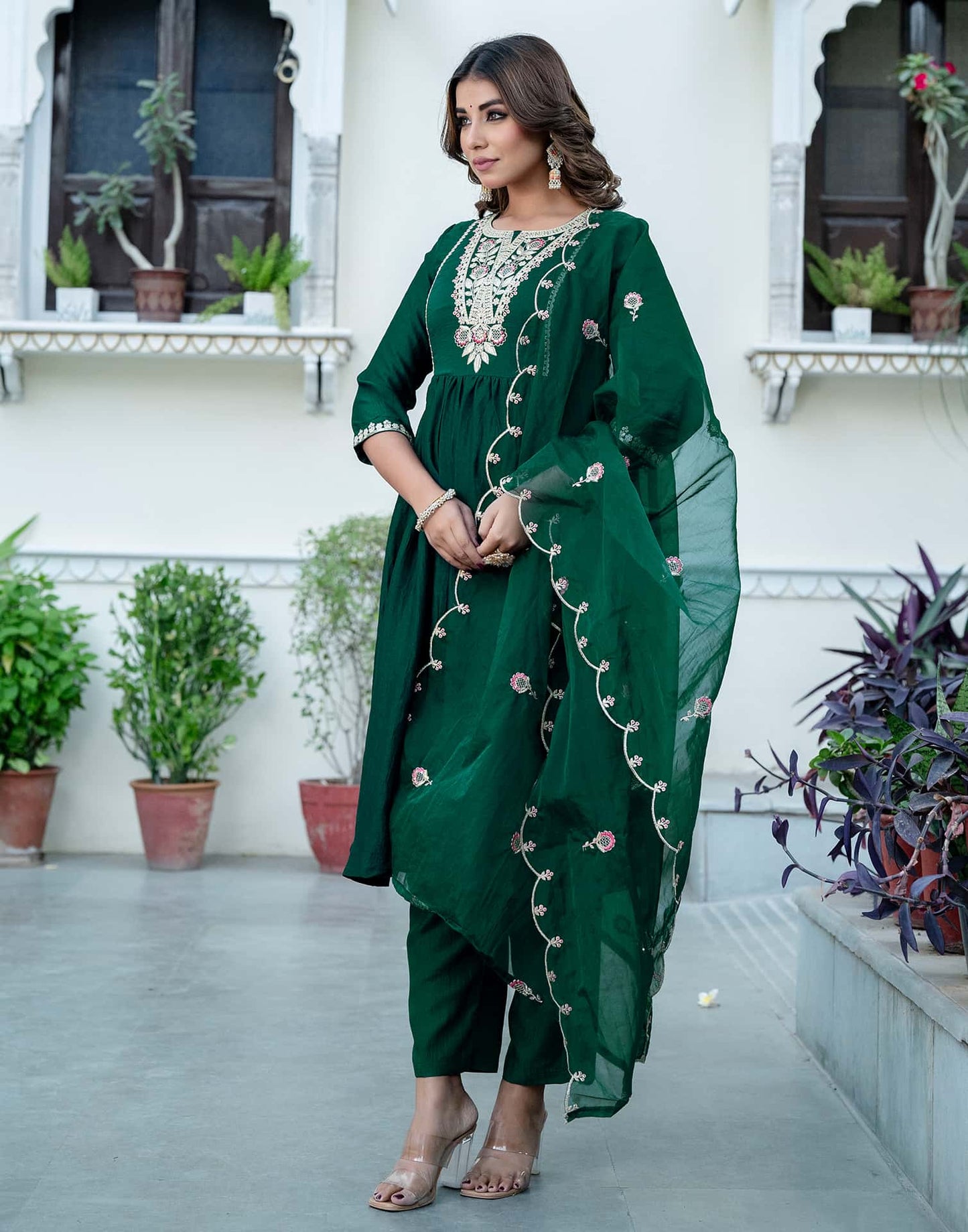 Silk Blend Embroidered Anarkali Kurta with Pant & Dupatta