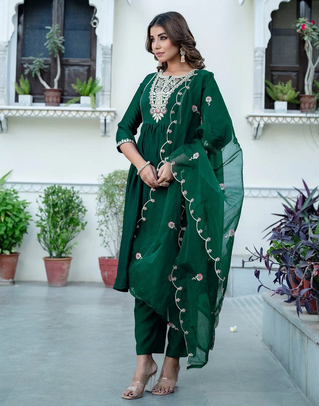 Silk Embroidered A-Line 3 Piece Kurta Set