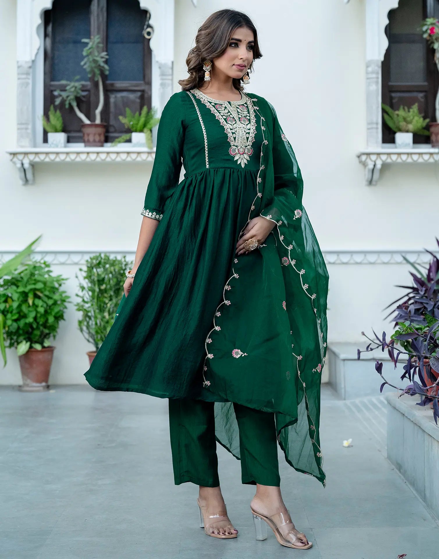 Silk Embroidered A-Line 3 Piece Kurta Set